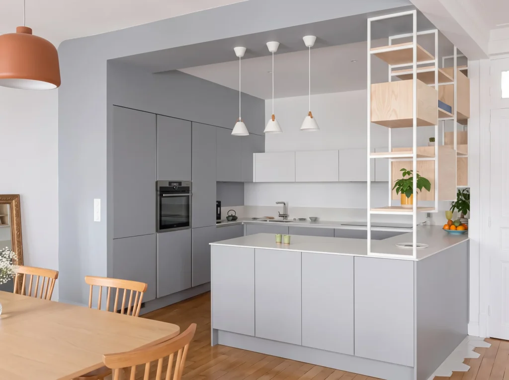 Nordique Grey Kitchen with Oak Shelving Frame, Kensington