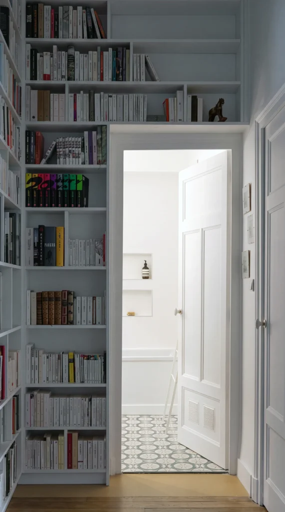 Floor-to-ceiling bookshelves built around a doorway leading to a tiled bathroom