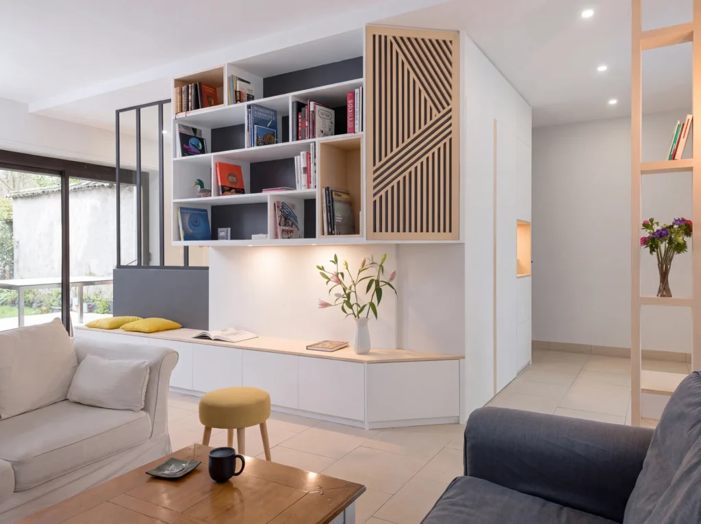 Nordique Living Room Storage Wall with Oak Niches, Canary Wharf