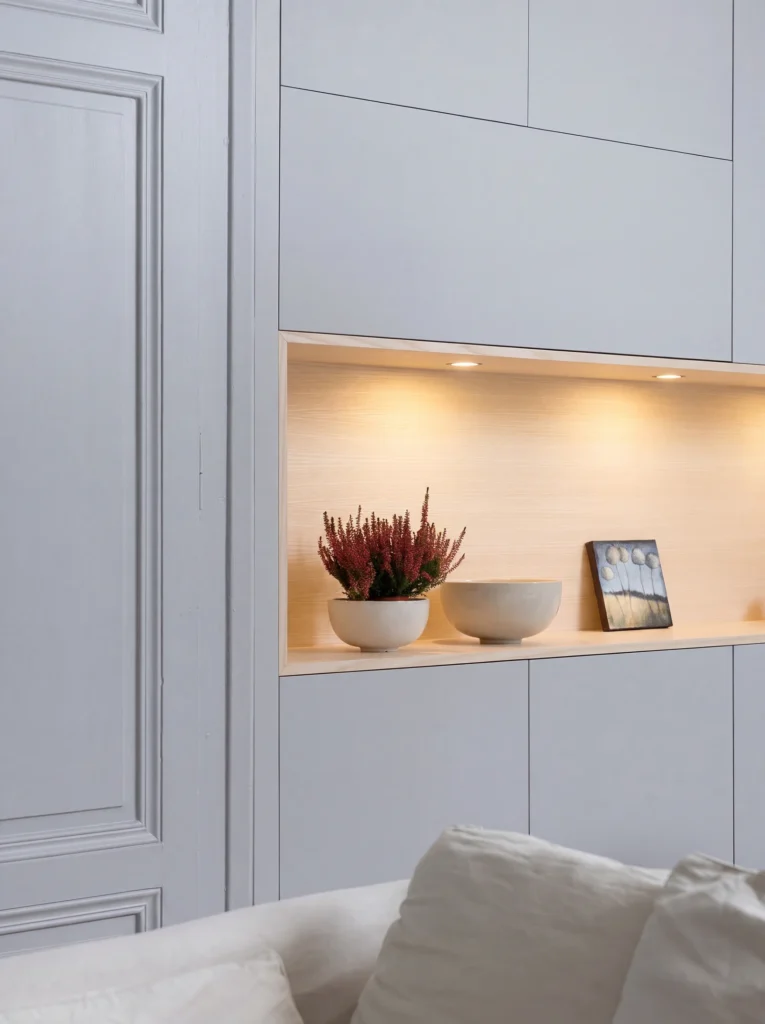 Close-up of a lit oak-lined shelf recess in pale grey panelled cabinetry with ceramics and heather
