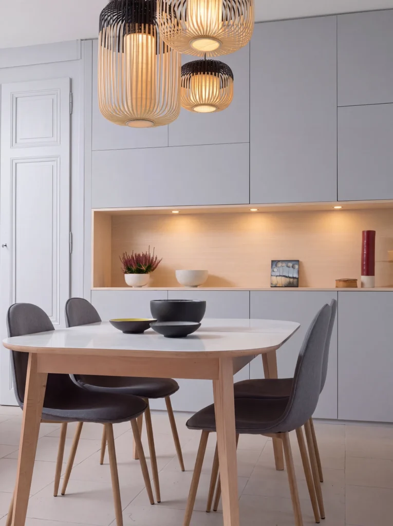 Round white dining table with grey chairs in front of pale grey storage with a lit oak shelf