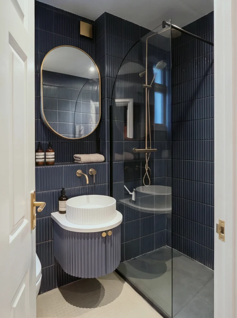 Nordique Shower Room with Fluted Navy Vanity, Fulham