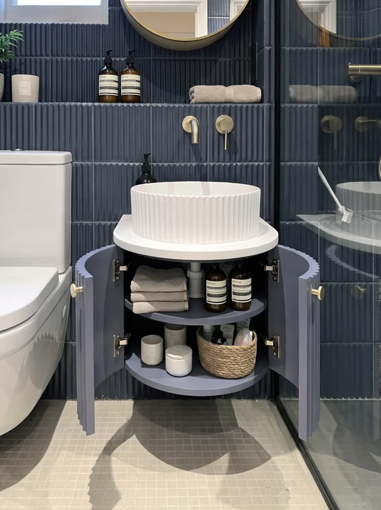 Open curved navy vanity with shelves of towels and toiletries beneath a fluted white basin