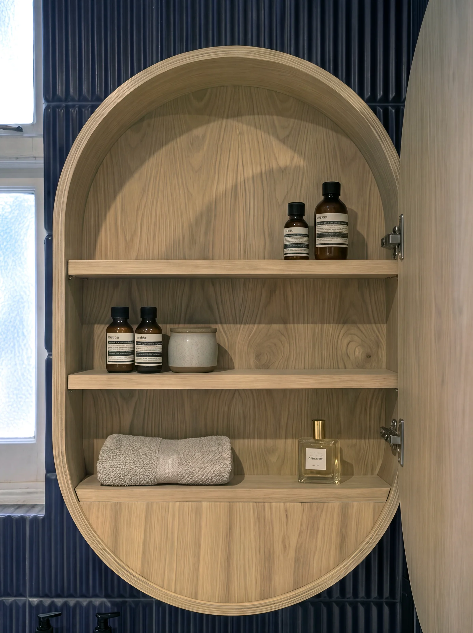 Close-up of an oval recessed oak shelf unit holding toiletries against navy tiles