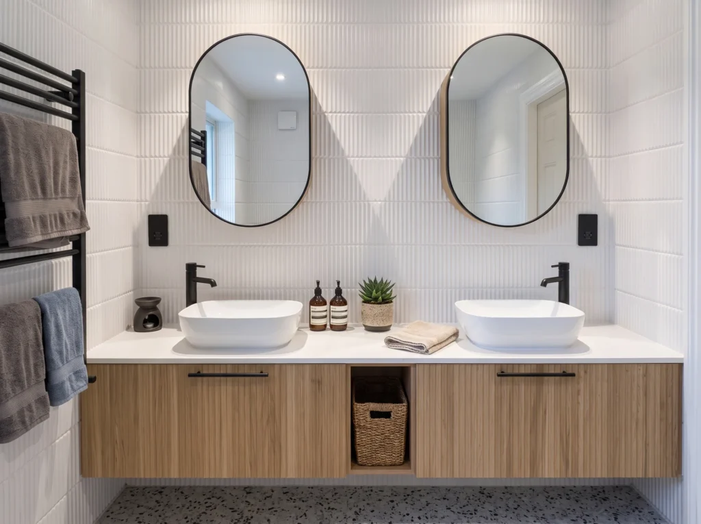 Nordique Bathroom with Fluted Oak Double Vanity, Fulham
