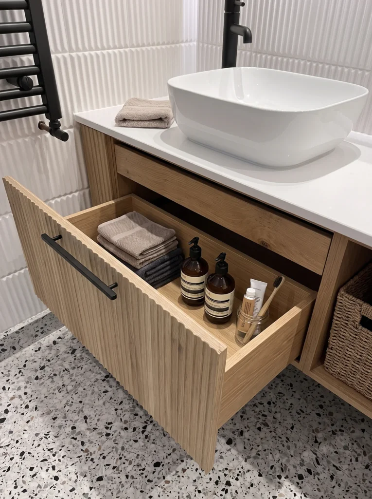 Open oak vanity drawer holding towels and toiletries beneath a white vessel basin on a terrazzo floor