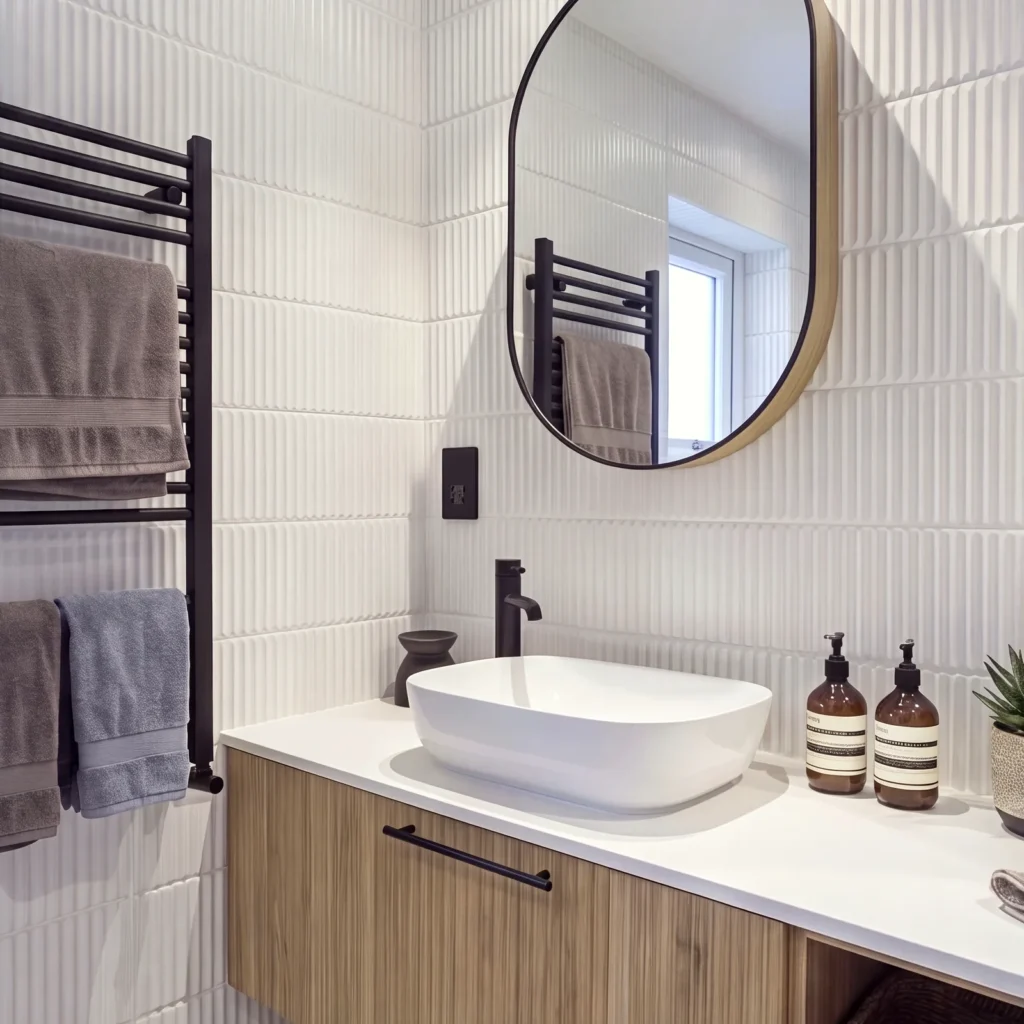 Oak vanity with a white vessel basin, black tap and heated towel rail beneath an oval mirror