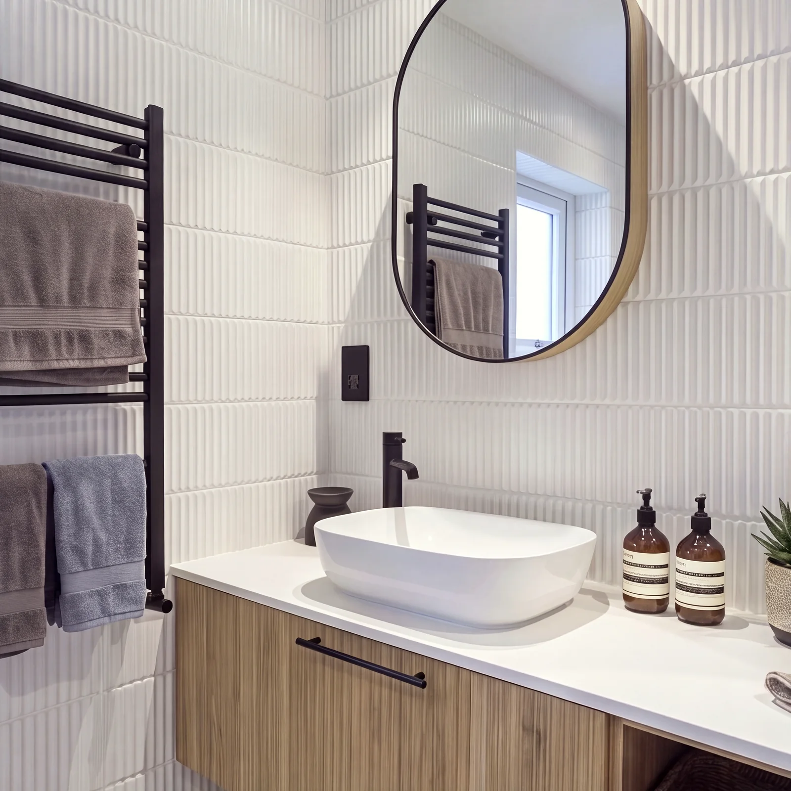 Oak vanity with a white vessel basin, black tap and heated towel rail beneath an oval mirror