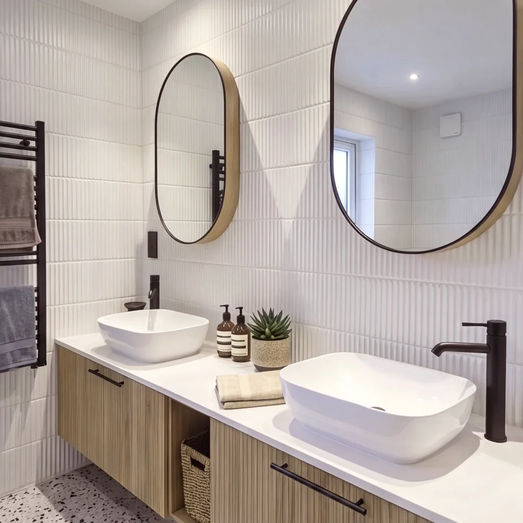 Angled view of an oak double vanity with white basins, a black towel rail and oval mirrors