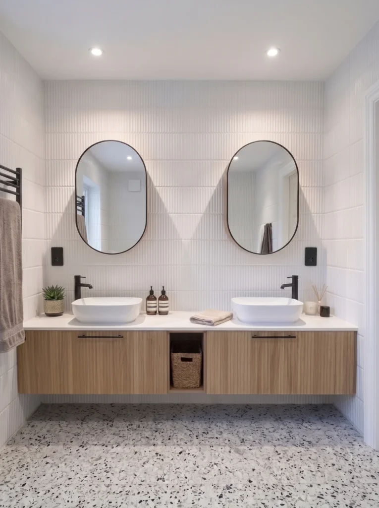 Bathroom with a floating oak double vanity, two oval mirrors and a terrazzo floor