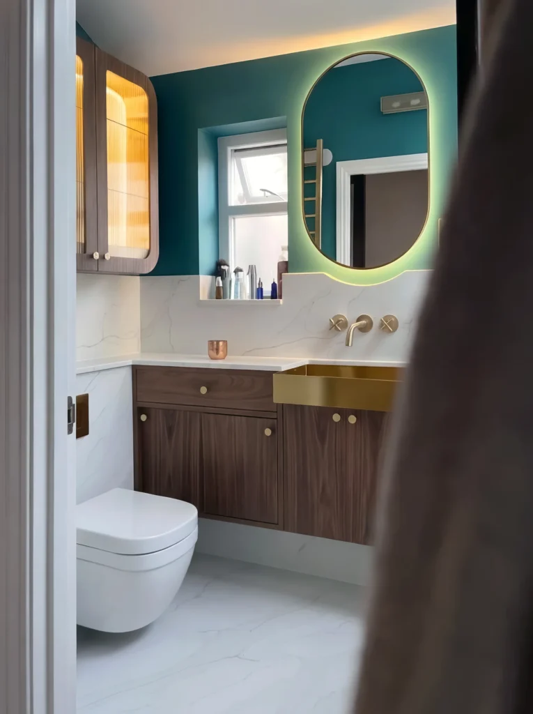 Nordique Bathroom with Curved Walnut Vanity, Notting Hill