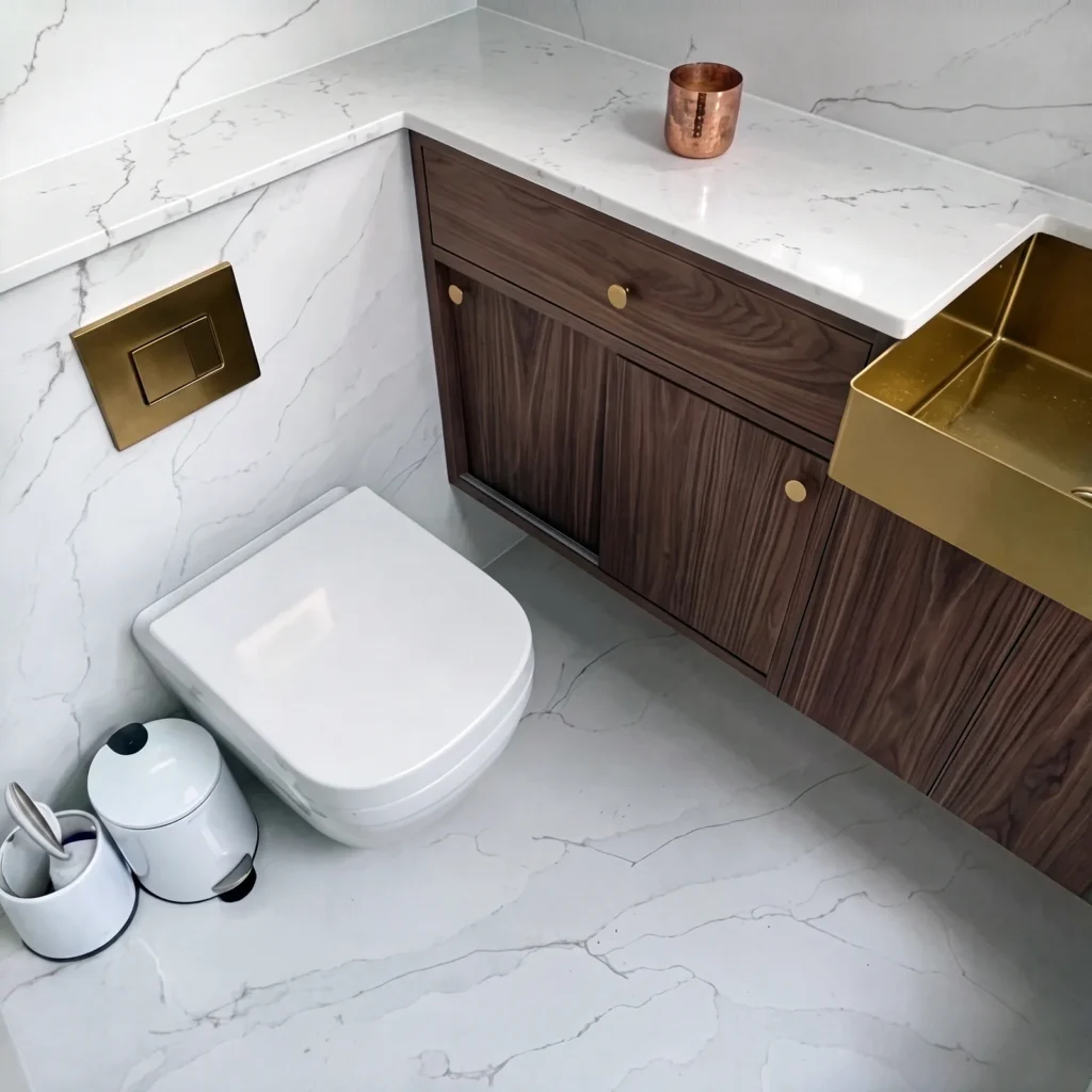 Walnut vanity with a brass basin and marble-effect top beside a wall-hung toilet
