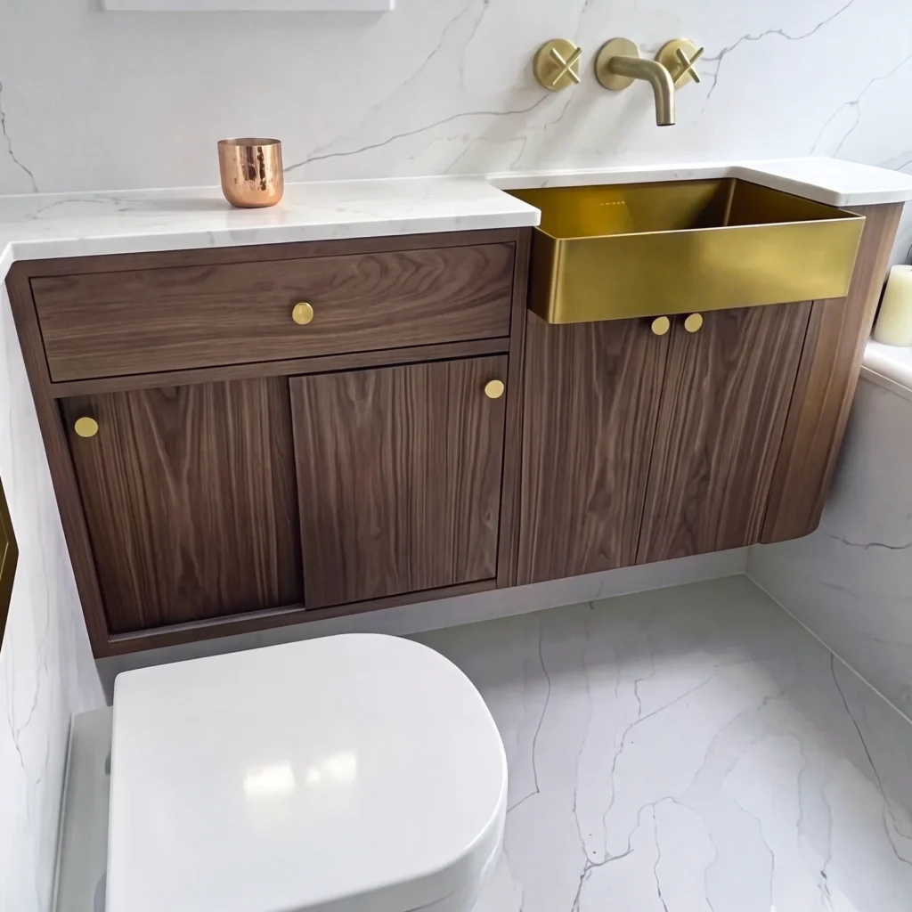 Walnut vanity with brass knobs, a brass sink and wall tap in a marble-tiled bathroom in Fulham