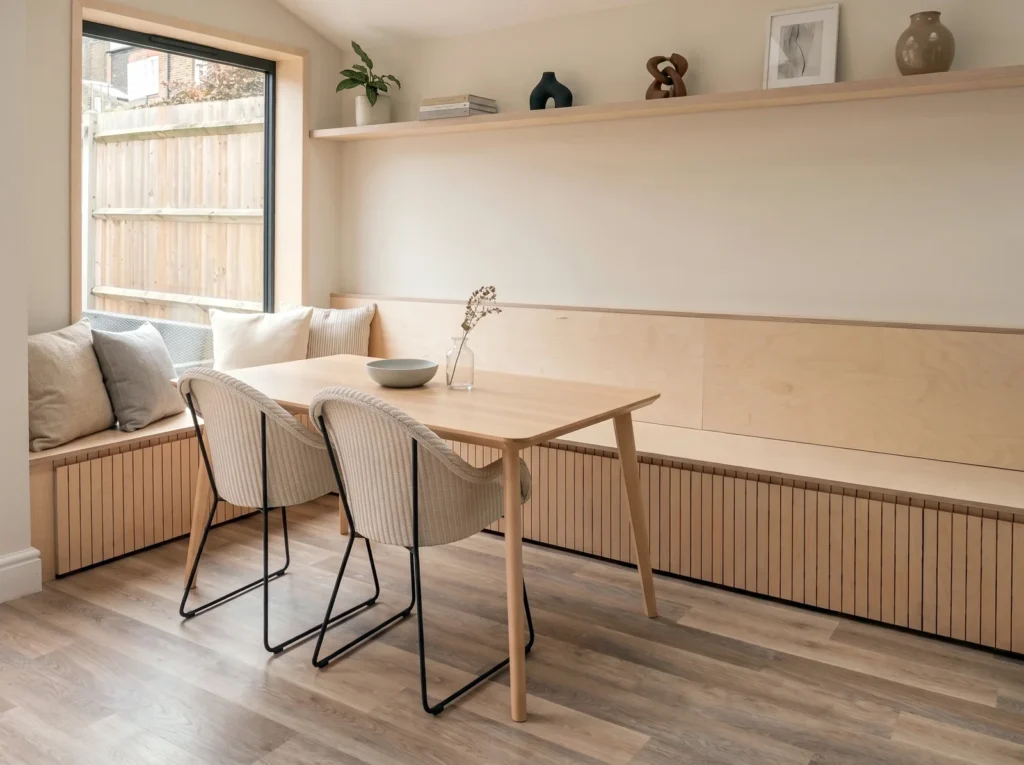 Long birch ply bench seat with a matching floating shelf around a light wood dining table