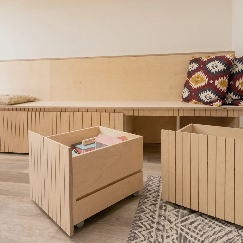 Birch ply banquette with two slatted pull-out storage drawers open beneath the seat