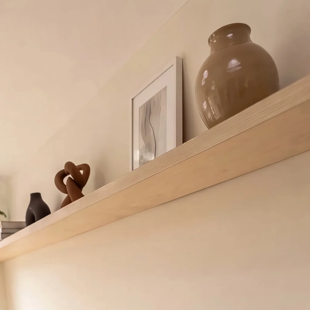 Close-up of a birch plywood floating shelf with a vase and ceramics against a cream wall
