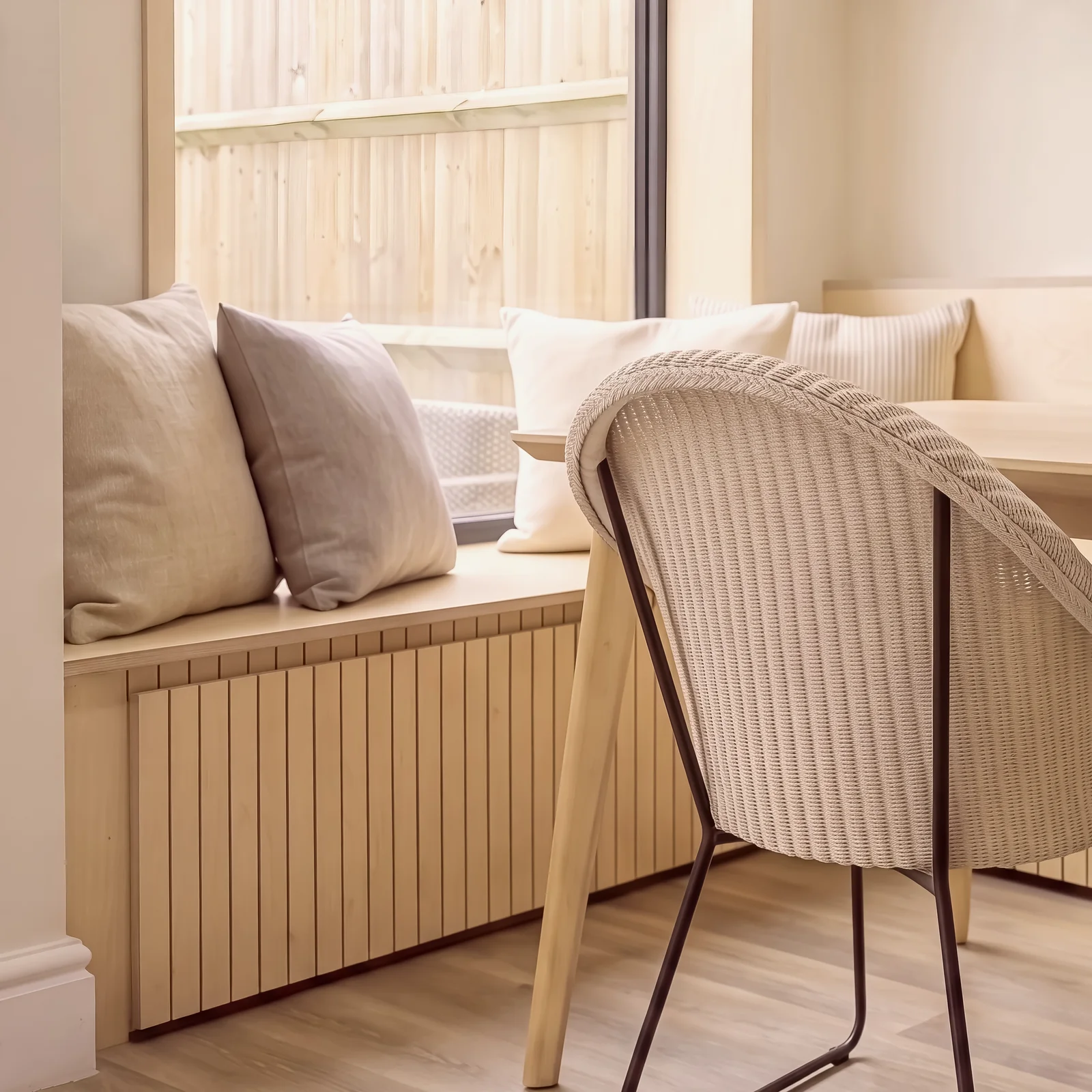 Birch ply window seat with cushions and a woven dining chair pulled up to the table