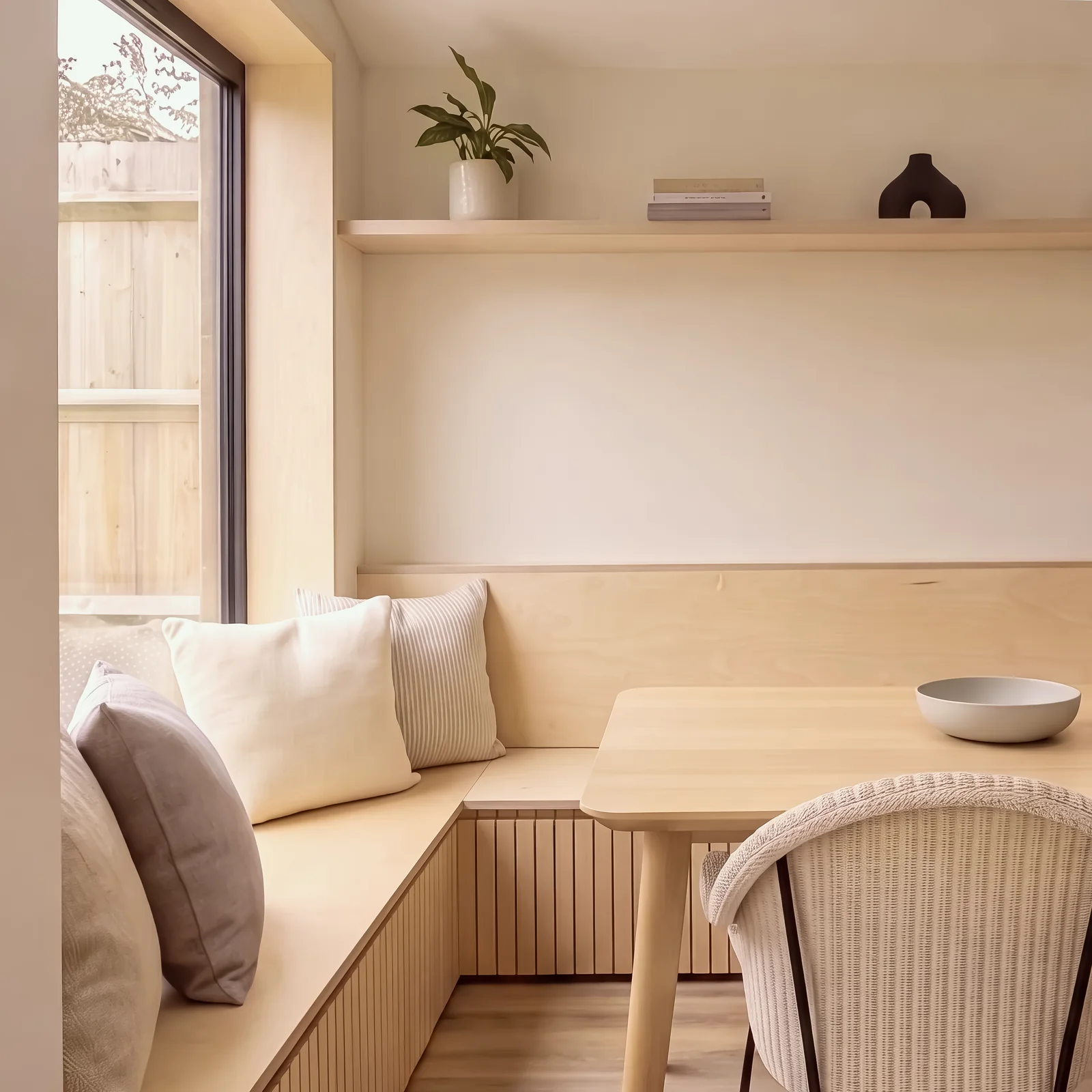 Corner birch ply bench seat with cushions below a window and a shelf with a plant and books