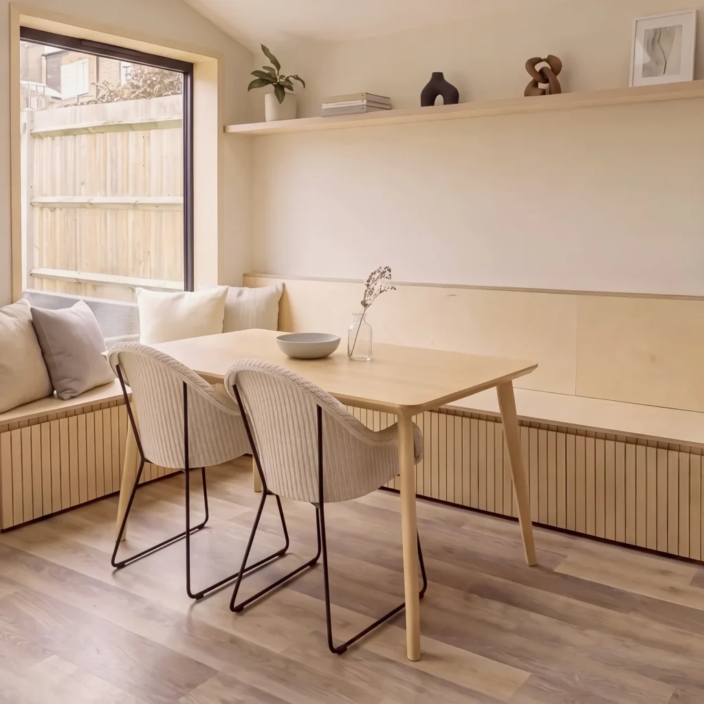 Birch plywood banquette and floating shelf in a compact dining nook with a light wood table