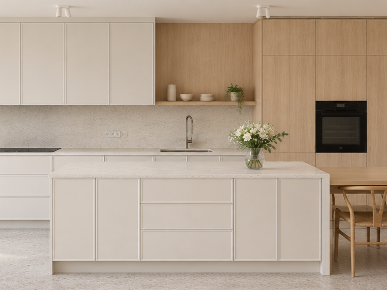 Nordique kitchen pairing pale grey handleless units with light oak tall cabinets and an oak dining table