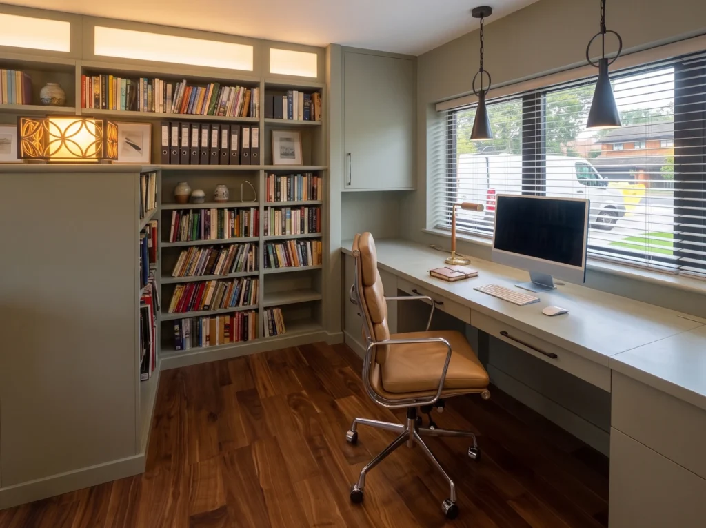 Sage green built-in desk under a window with a leather office chair and bookshelves in Bickley