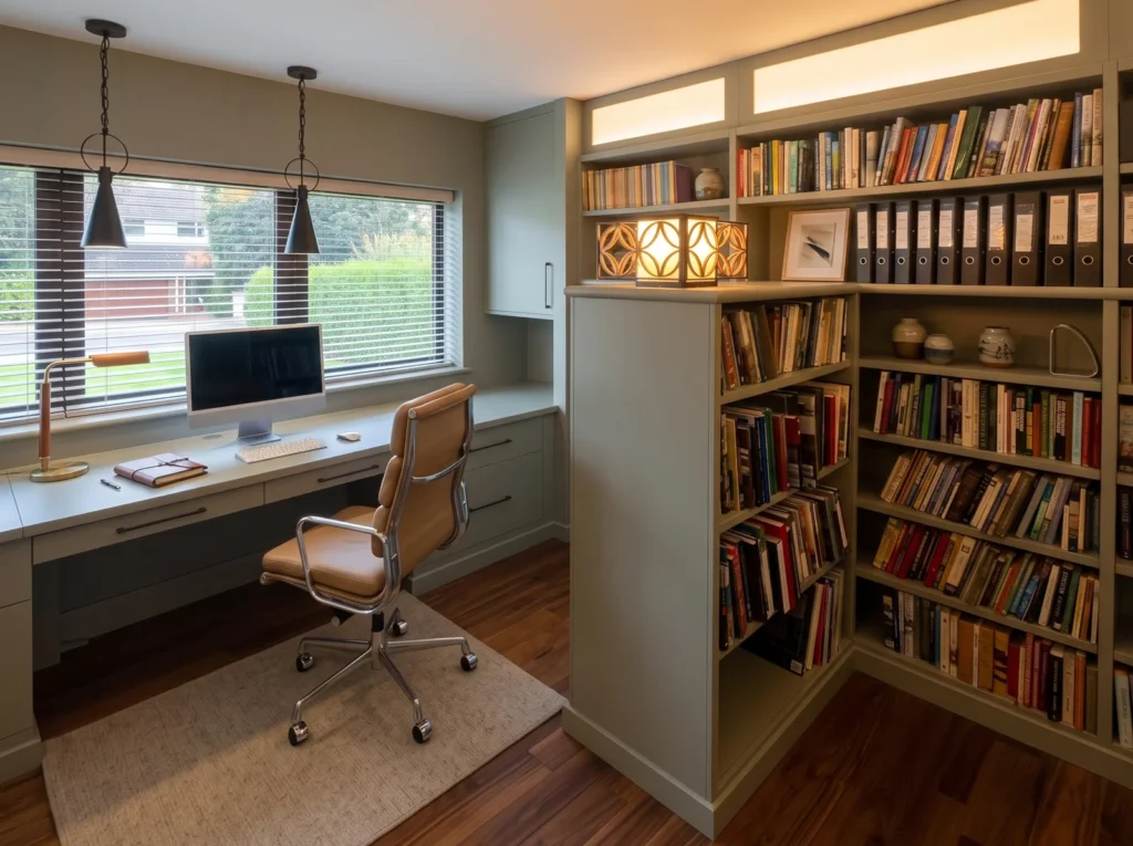 Home office with a long sage green desk, pendant lights and wrap-around bookcases