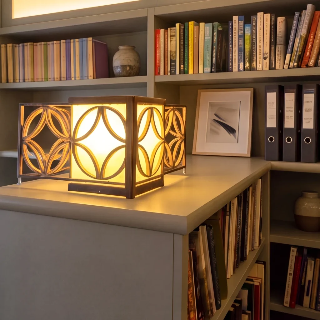 Geometric lamp on a sage green bookcase end with ring binders and books behind