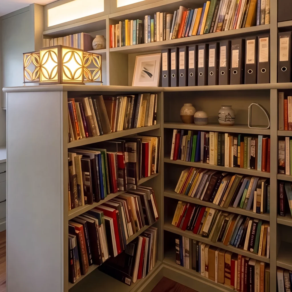 Corner of sage green library shelving filled with books and ceramic jars
