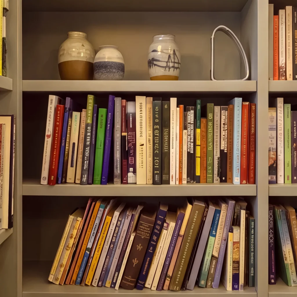 Close-up of sage green shelves holding books and ceramic vases