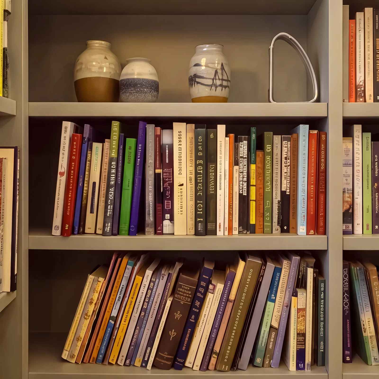 Close-up of sage green shelves holding books and ceramic vases