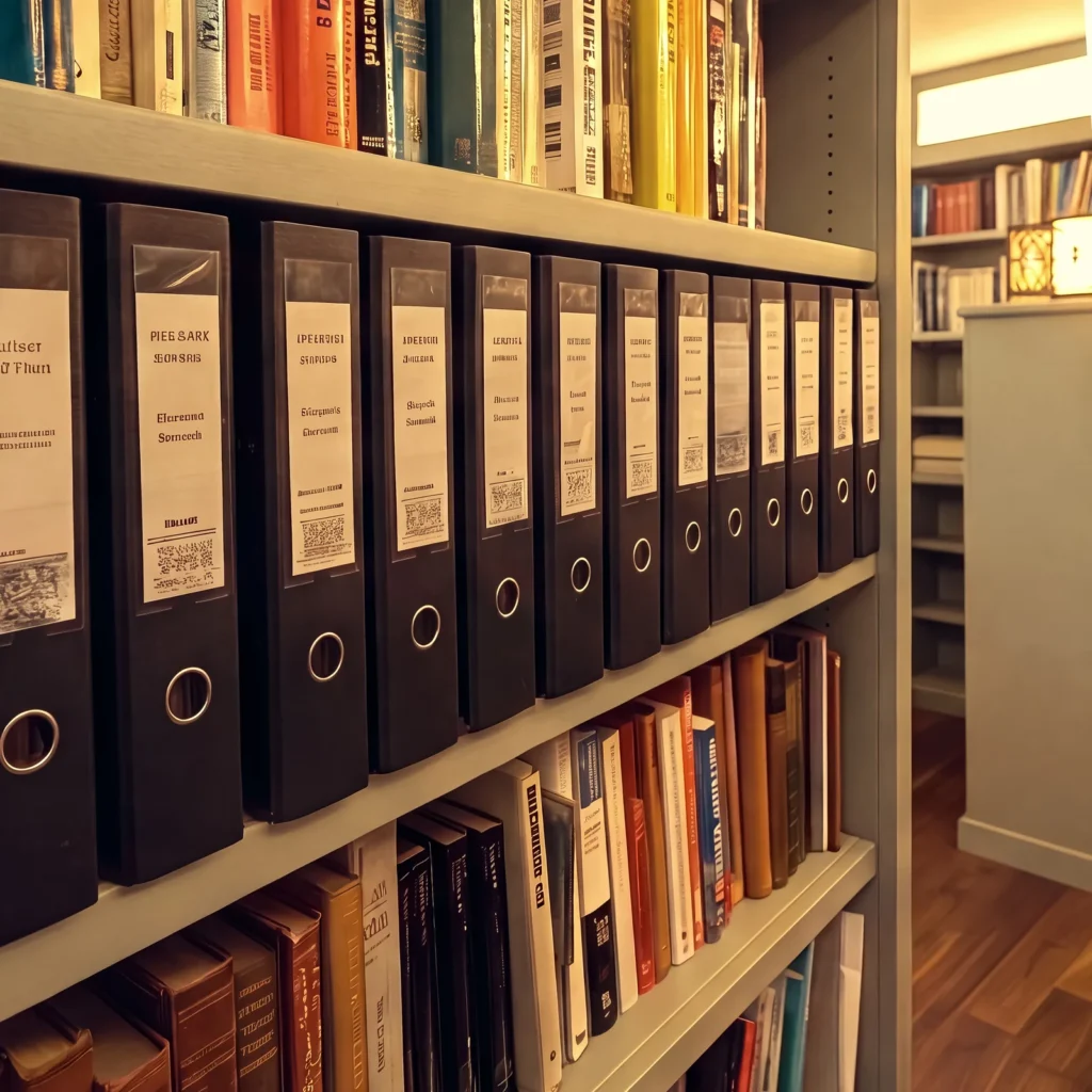 Row of black ring binders on sage green shelving above stacked books