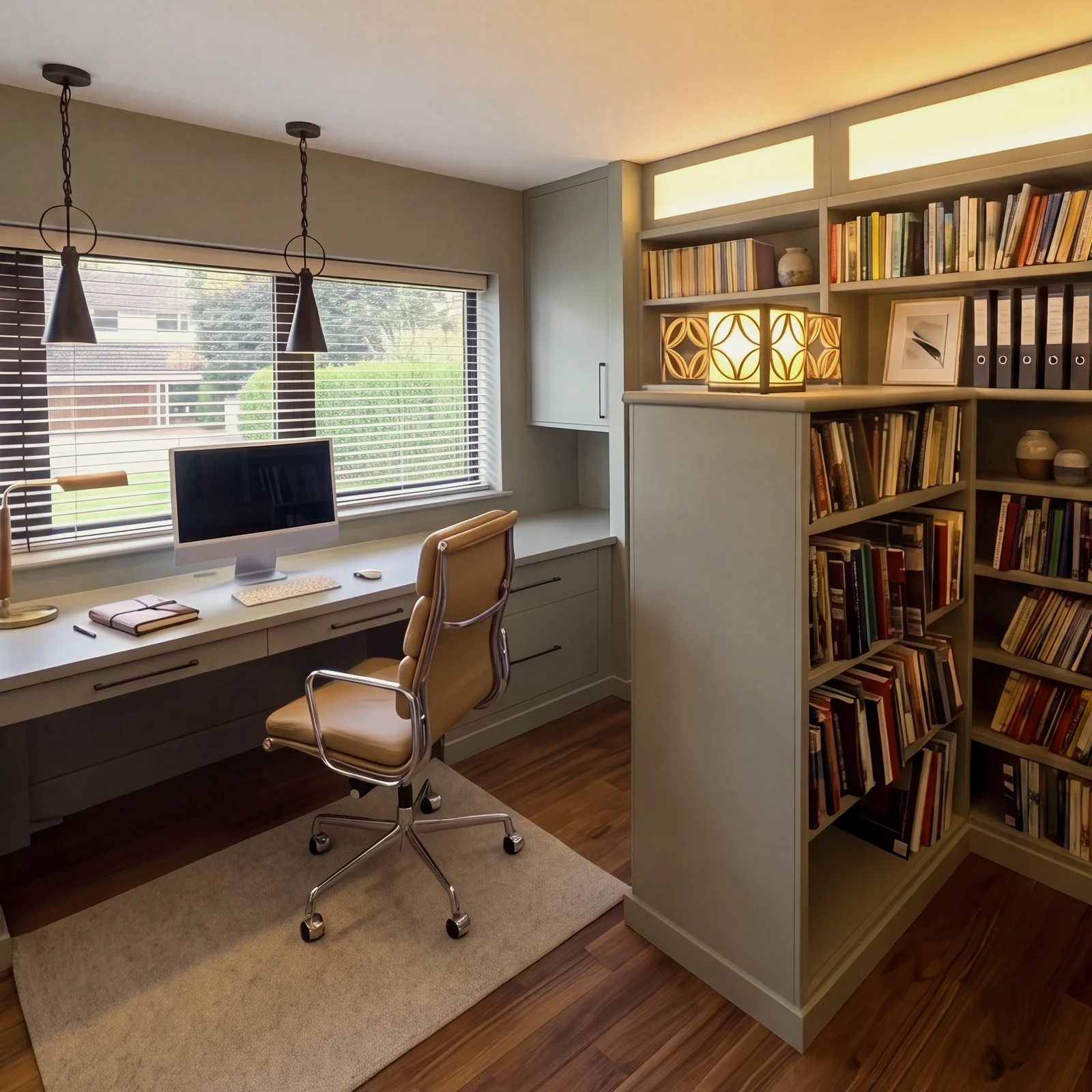 Corner home office with a sage green desk, bookcase return and a leather chair by the window