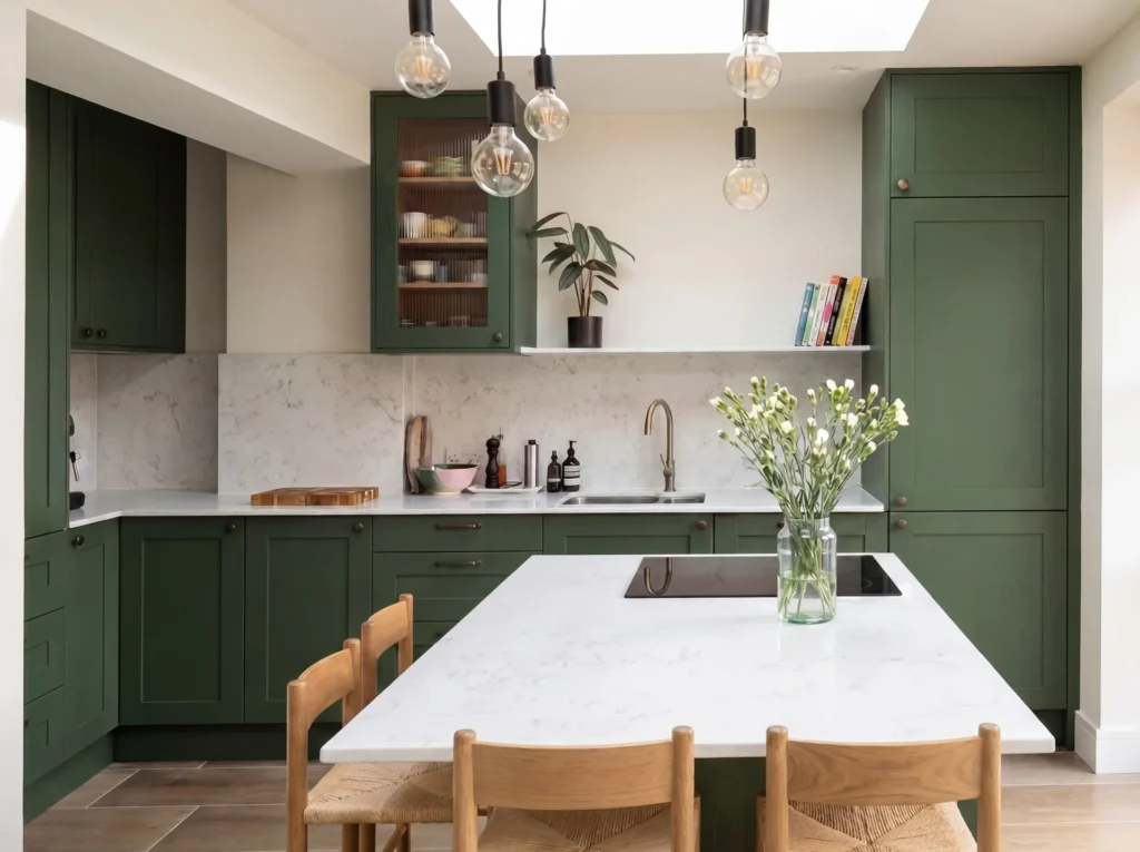 Deep green shaker kitchen with a glazed wall cabinet, white island worktop and oak stools under a skylight