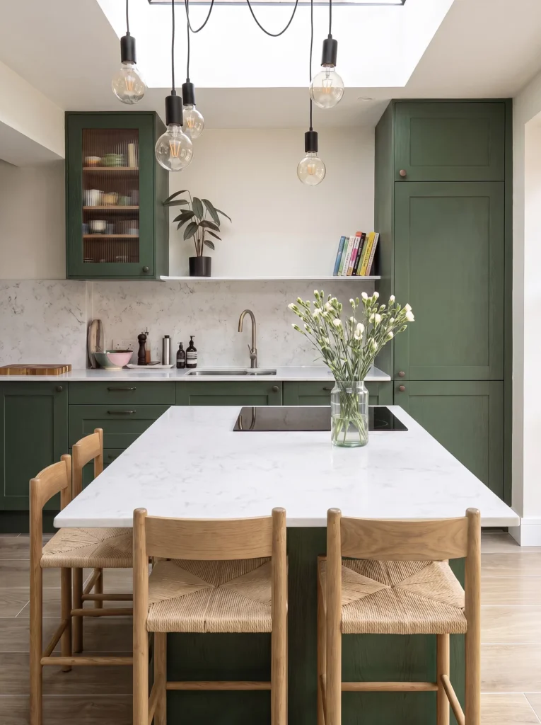 Green kitchen island with four oak stools and a hob set into a white worktop