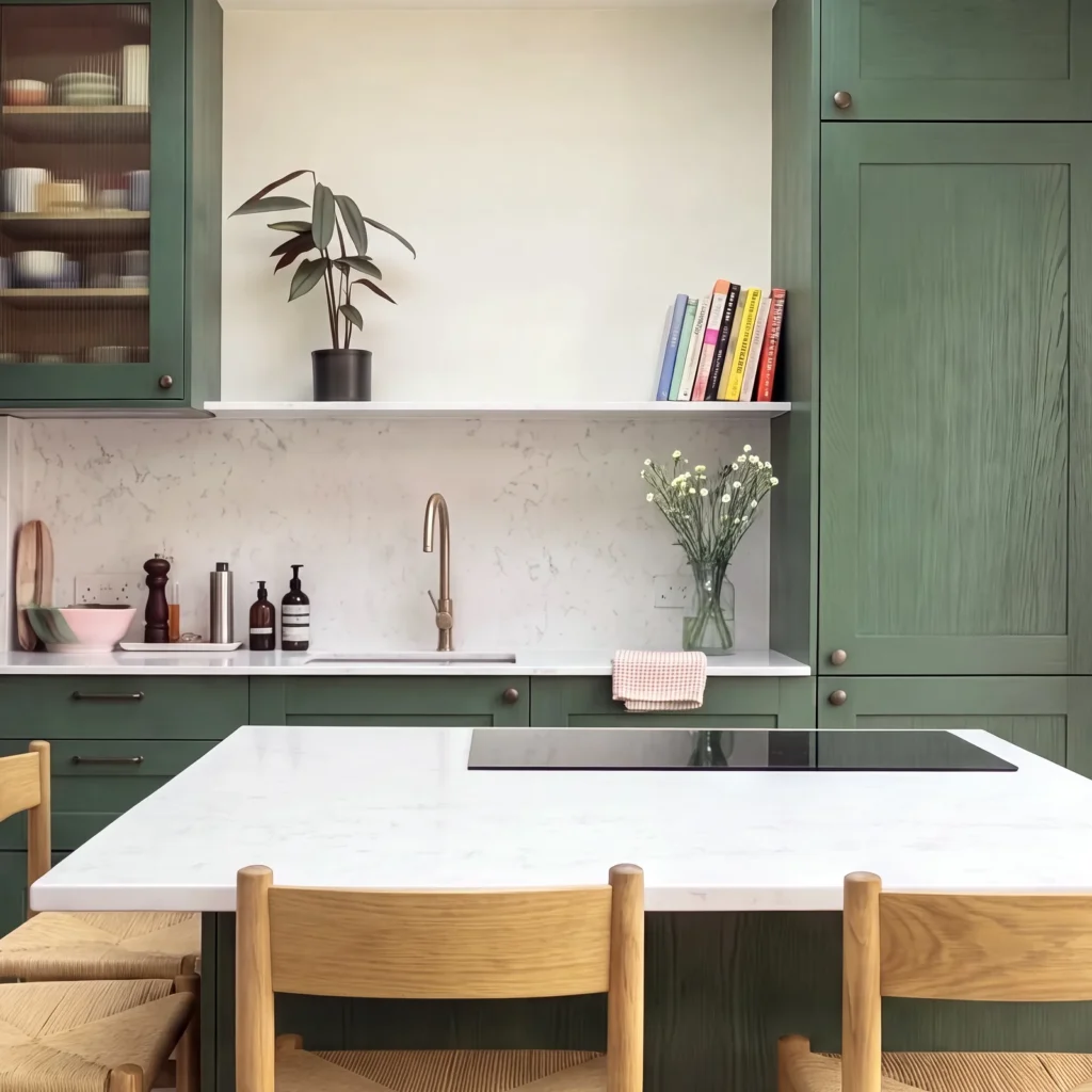 Green shaker kitchen with a brass tap, an open shelf of cookbooks and a white island worktop