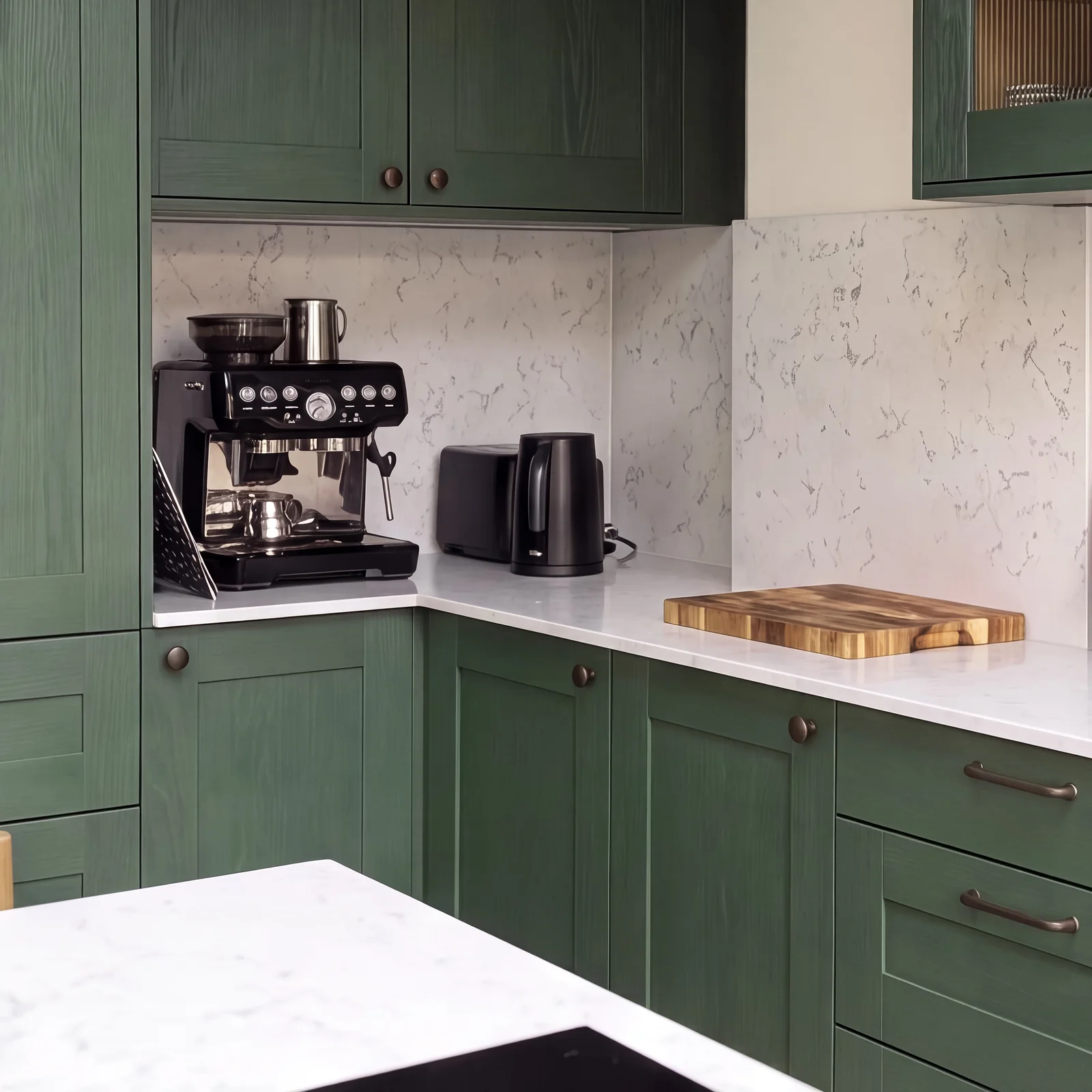 Green shaker kitchen corner with a coffee machine on a white marble-effect worktop and splashback