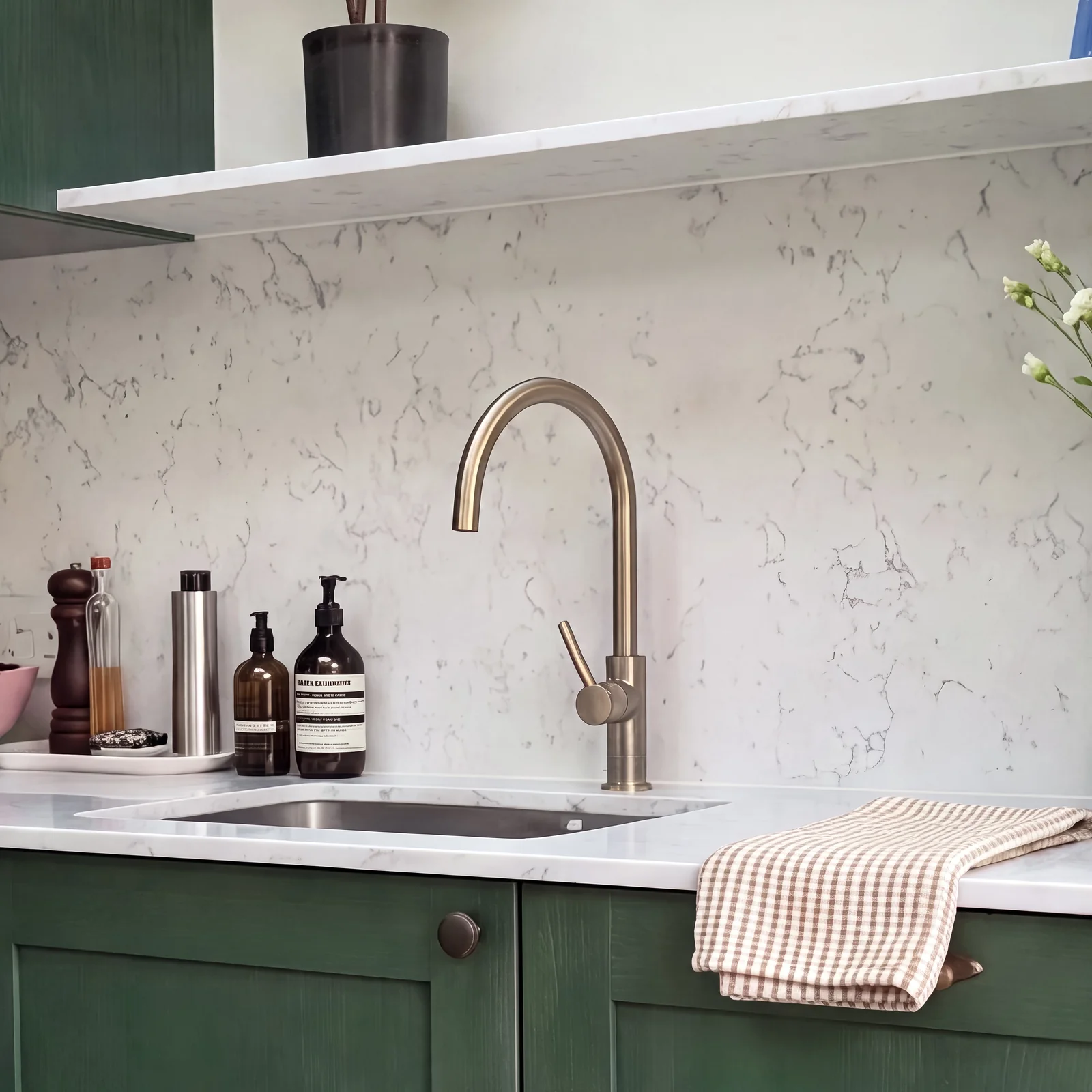 Brushed brass swan-neck tap and steel sink beneath a white floating shelf in a green kitchen