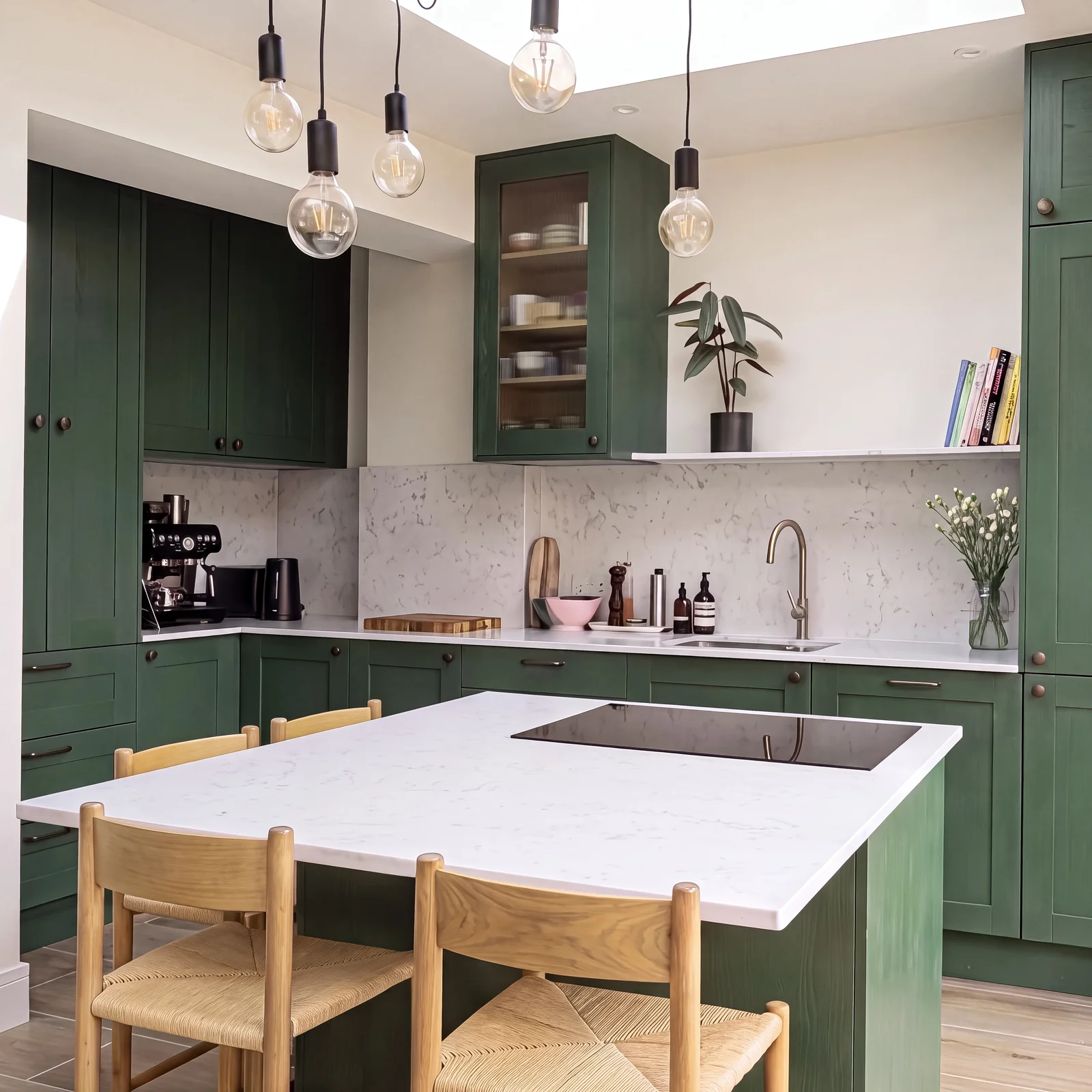 Green kitchen island with oak stools beneath glass pendant lights and a skylight