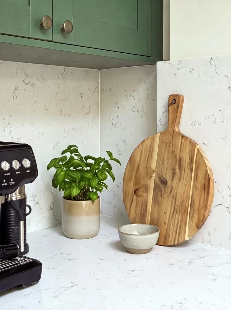 Coffee machine, potted herb and oak chopping board on a white worktop below green wall cabinets