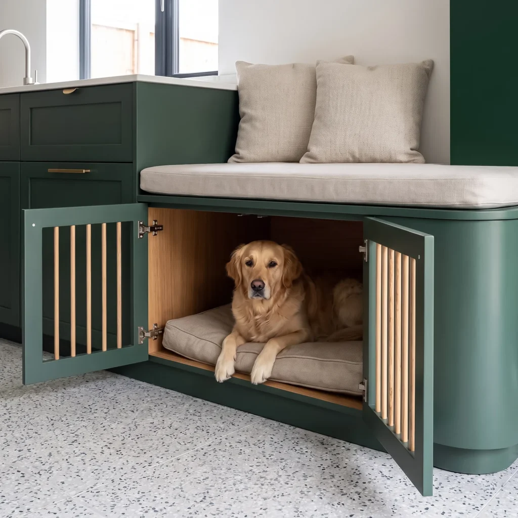 Built-in dog bed with slatted doors beneath a cushioned window seat, with a dog resting inside