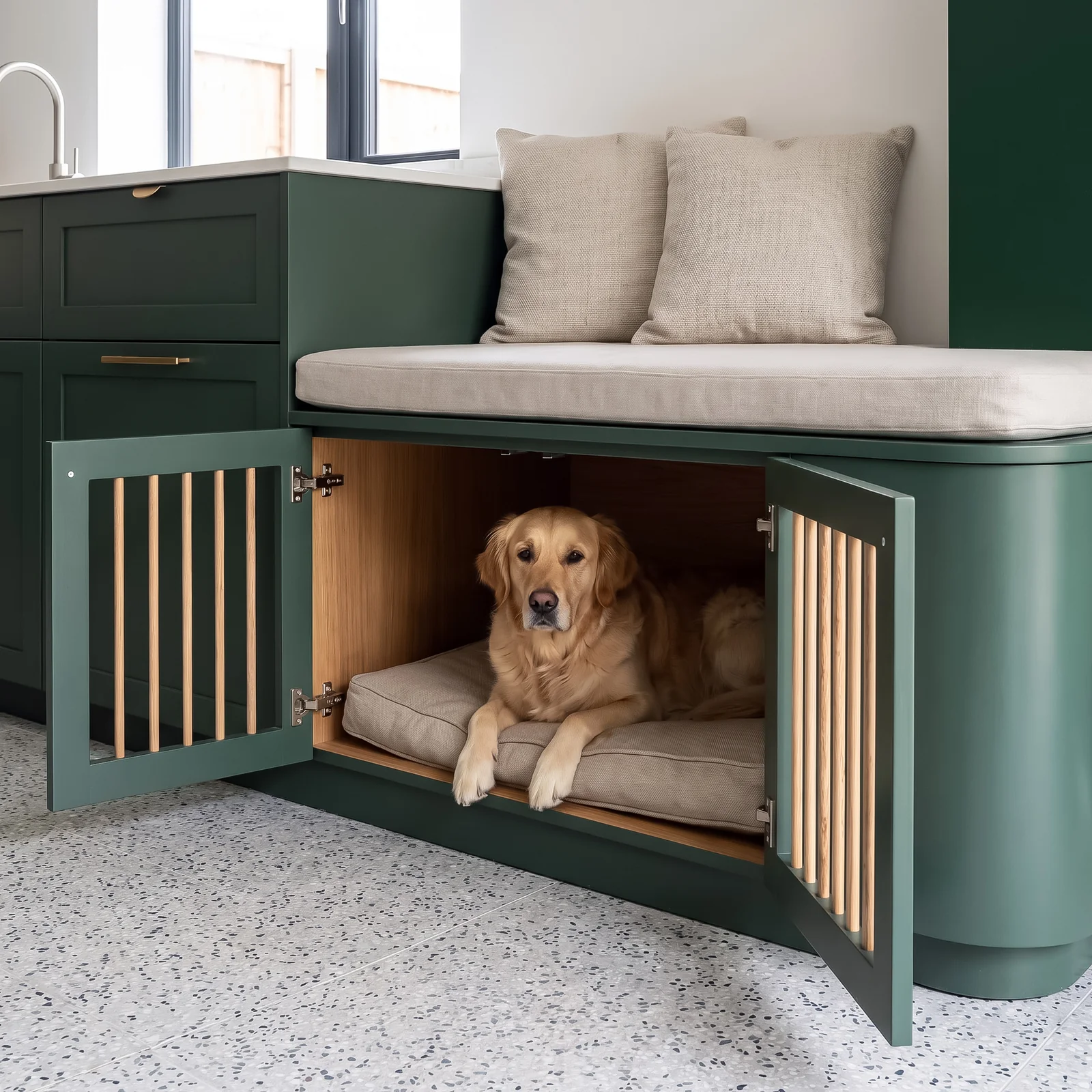 Built-in dog bed with slatted doors beneath a cushioned window seat, with a dog resting inside