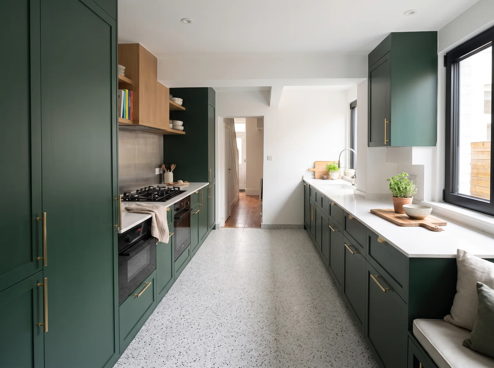 Galley kitchen with dark green shaker cabinets, brass handles and a terrazzo floor leading to a window seat