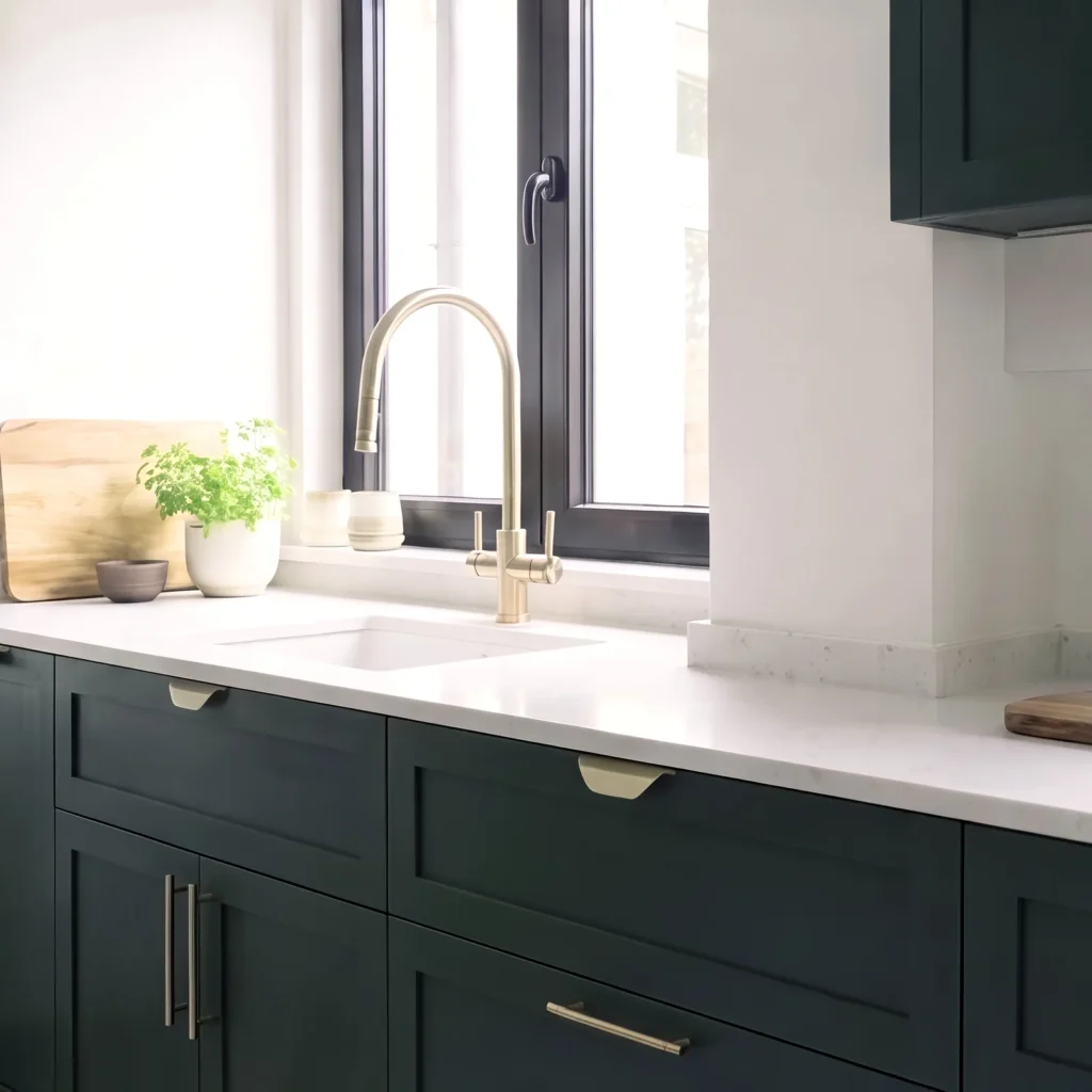 Dark green shaker drawers with brass cup handles below a brass tap and window