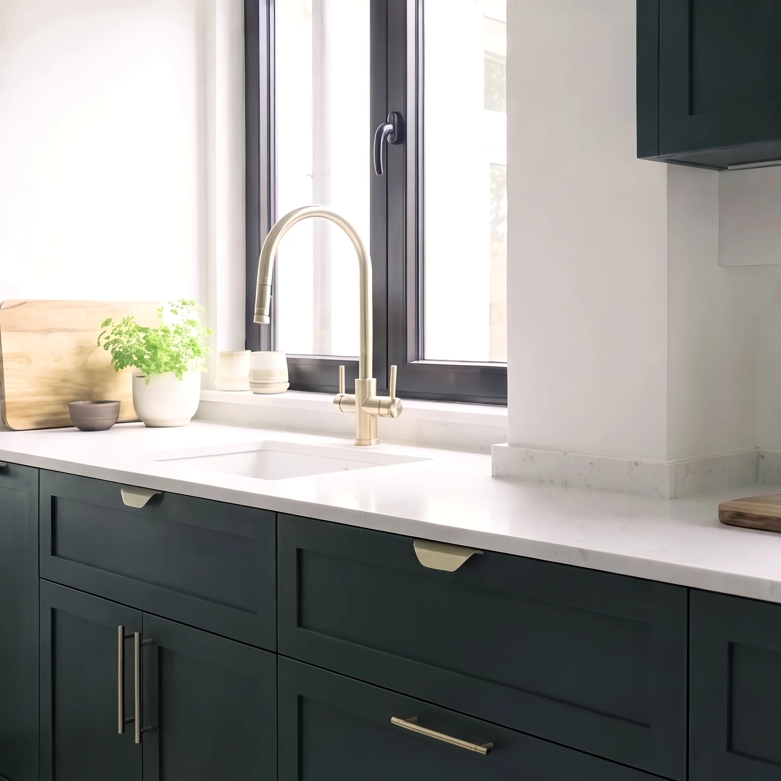 Dark green shaker drawers with brass cup handles below a brass tap and window