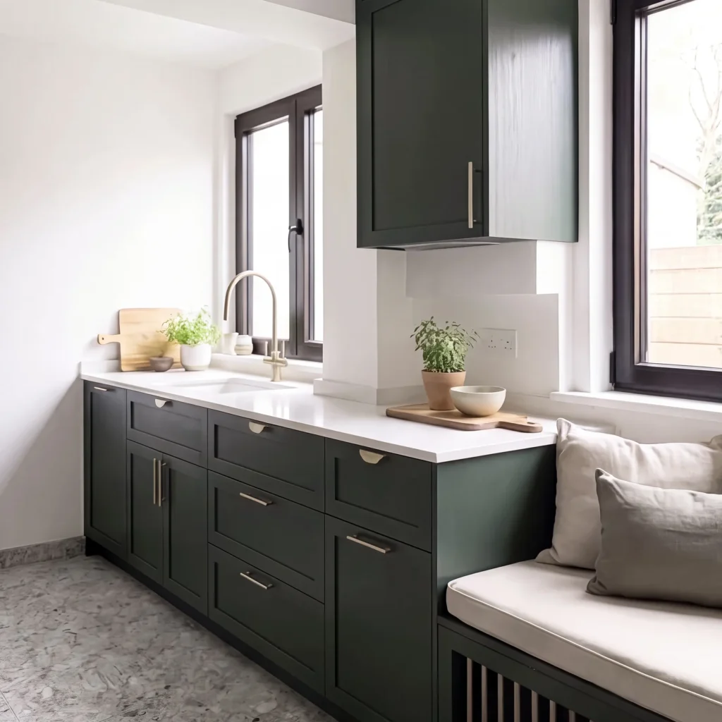 Dark green kitchen run with a white worktop under the window and a window seat at the end
