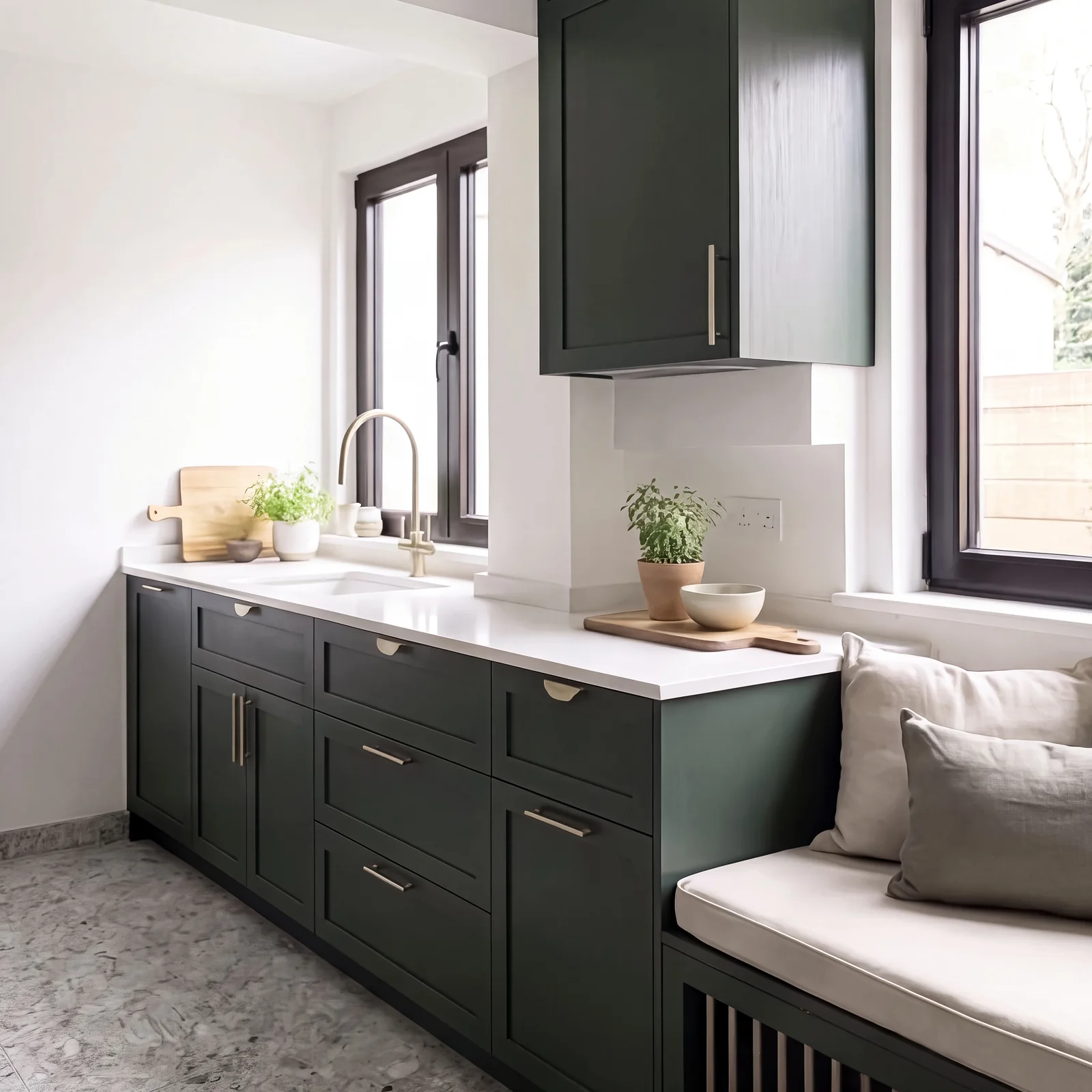 Dark green kitchen run with a white worktop under the window and a window seat at the end
