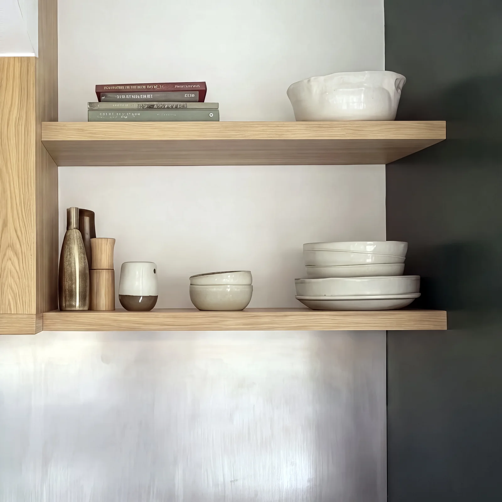 Close-up of floating oak shelves with ceramics against a brushed steel splashback
