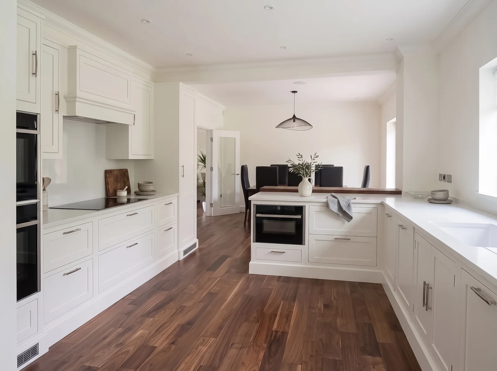 Long pale grey in-frame kitchen with a walnut floor leading through to a dining area