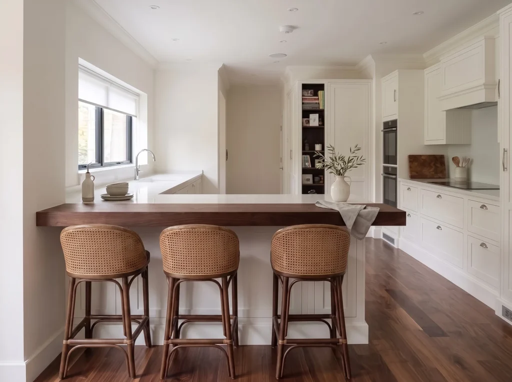 Pale grey peninsula with a walnut breakfast bar and three rattan stools