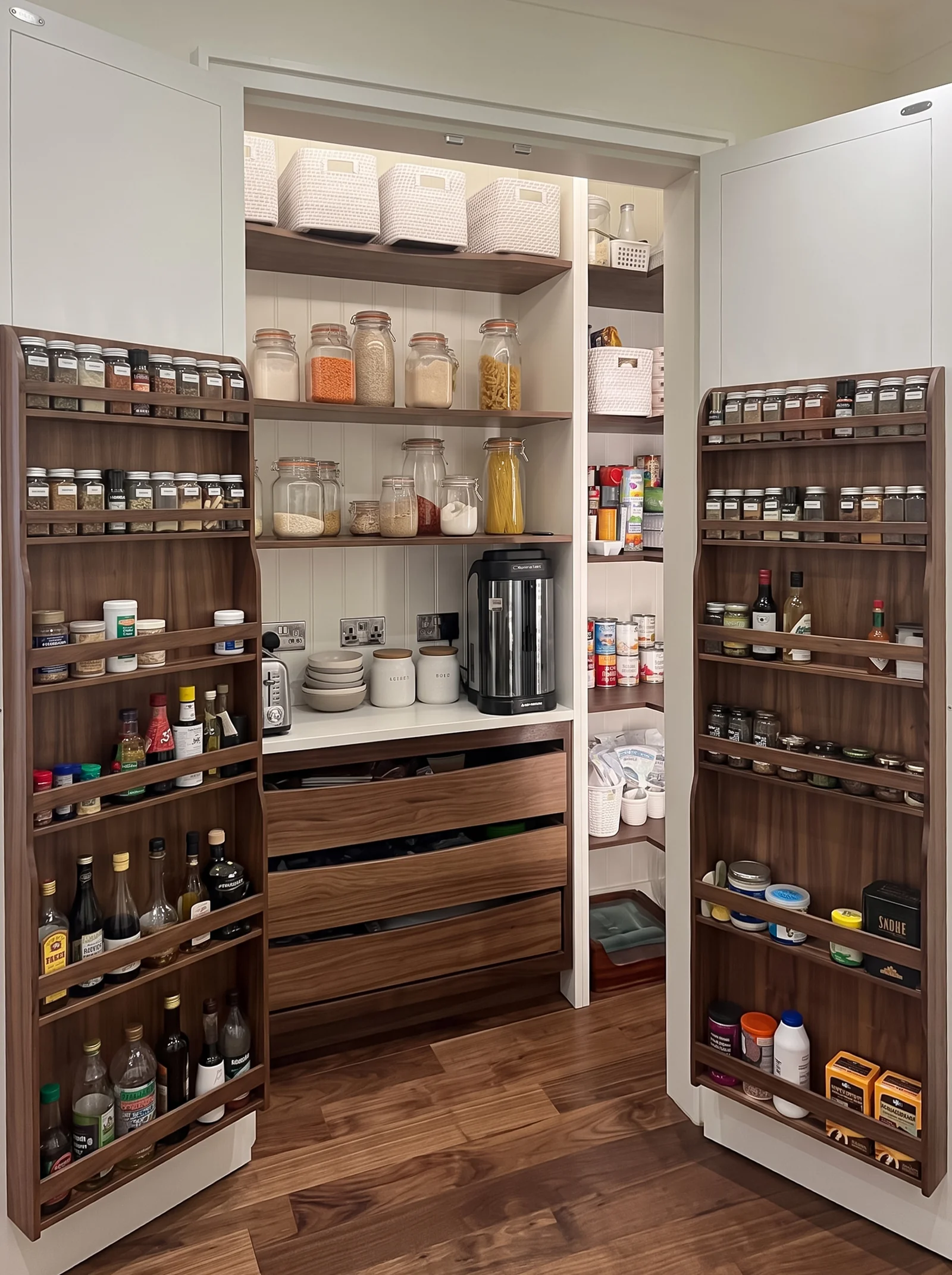 Walk-in larder with walnut spice racks on the doors, open shelves and walnut drawers